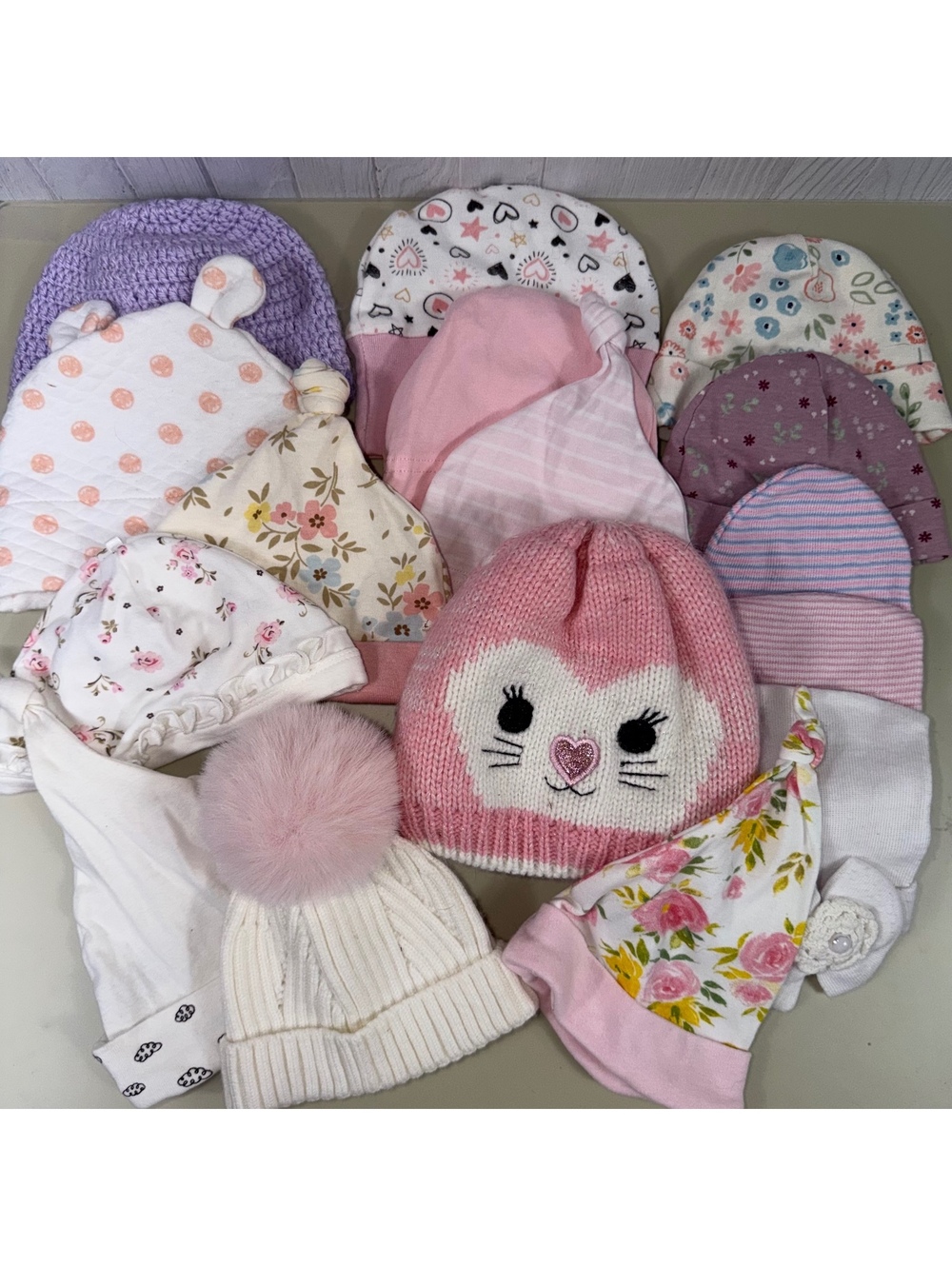 Baby Girl Hat Lot 16 Pieces Floral Knit Newborn Infant